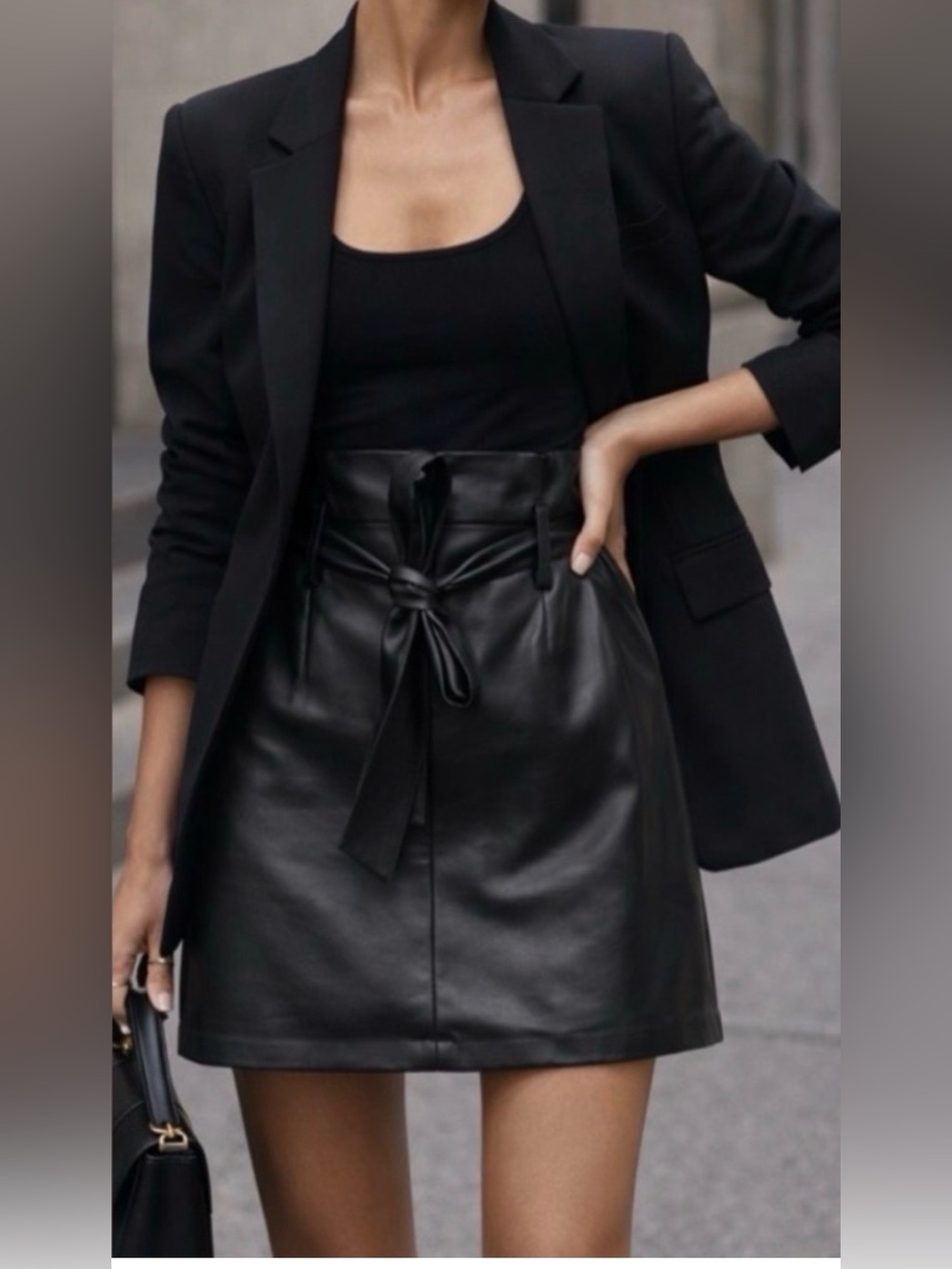 Banana Republic Black Faux Leather Mini Skirt Paperbag Waist Tie Belt Chic